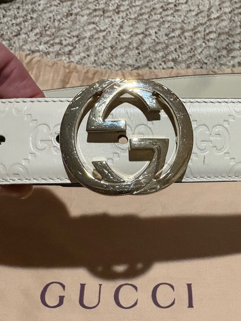 GUCCI Women’s Interlocking GG Logo Leather Belt Size 90 Mystic White EUC